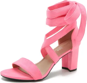 fereshte Women's Strappy Heels Lace Up Heels 3 Inch Chunky Block High Heel Dress Sandals