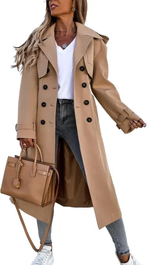 Fisoew Women's Double Breasted Long Trench Coat Windproof Classic Lapel Belted Overcoat with Pockets
