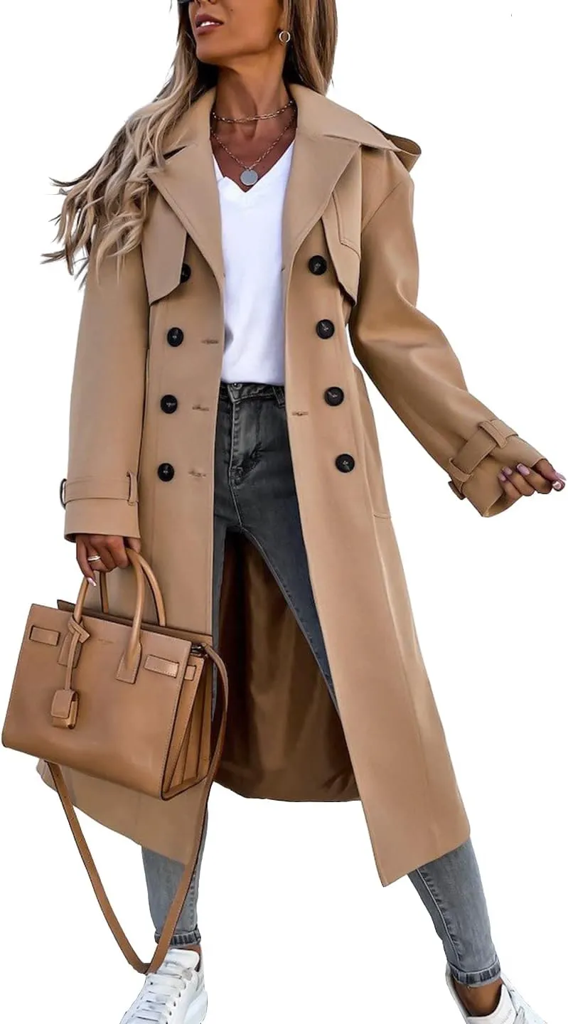Fisoew Women's Double Breasted Long Trench Coat Windproof Classic Lapel Belted Overcoat with Pockets