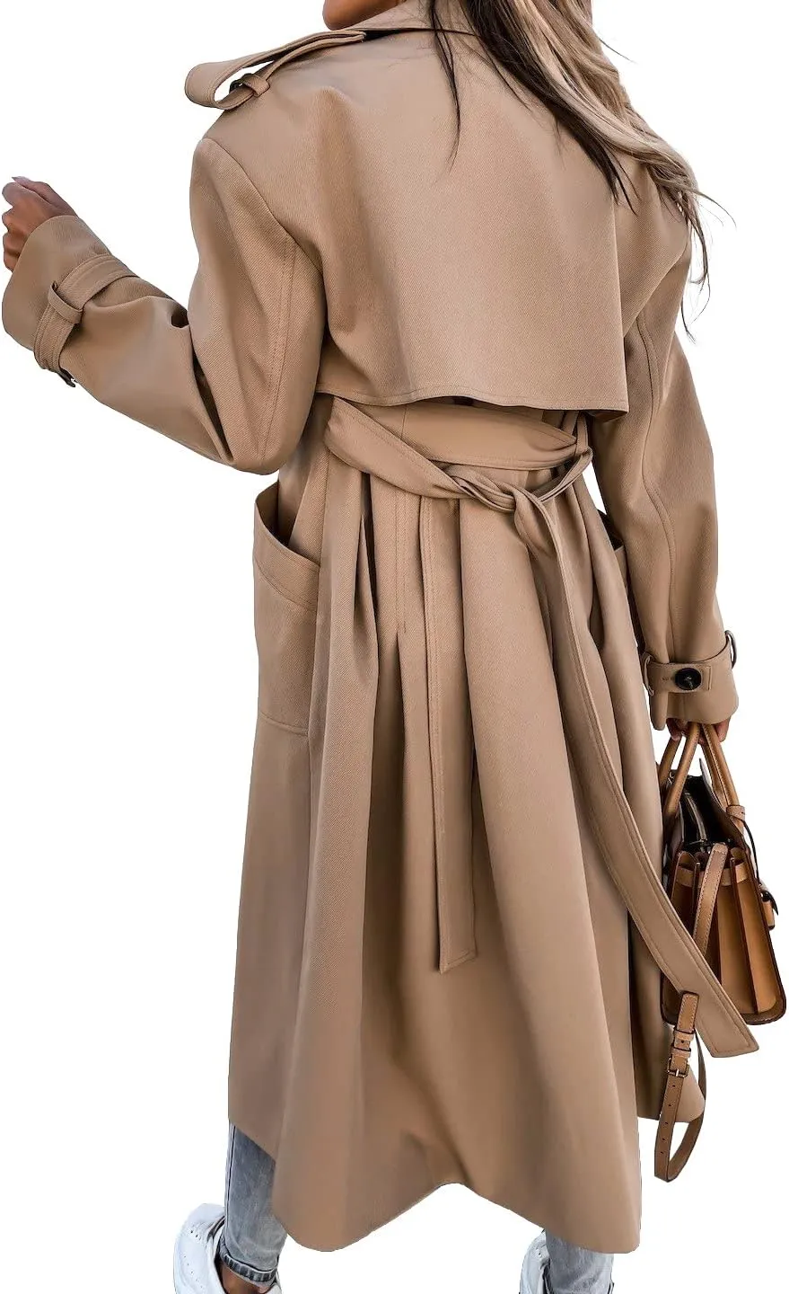 Fisoew Women's Double Breasted Long Trench Coat Windproof Classic Lapel Belted Overcoat with Pockets