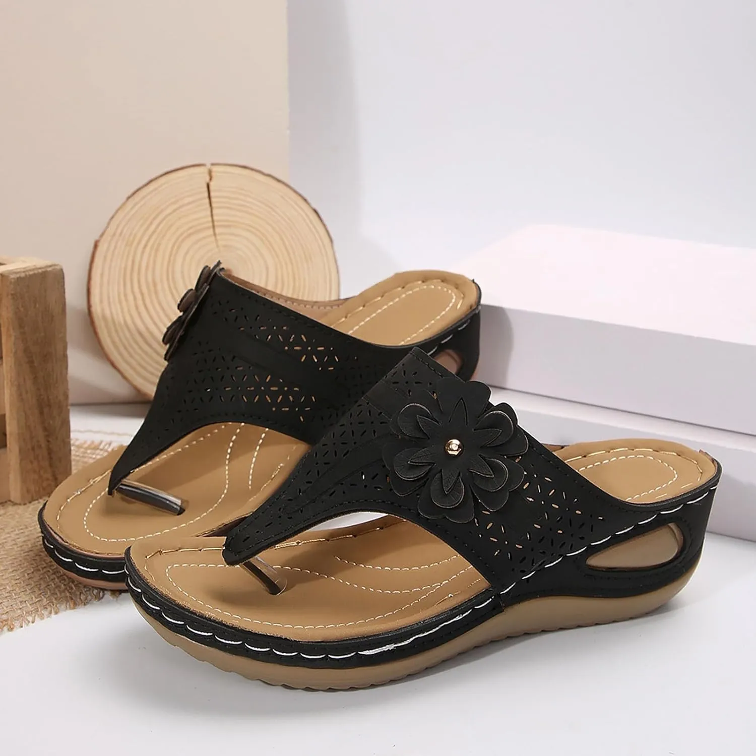 Flip Flops for Women with Arch Support Orthopedic Sandals Comfortable Walking Thong Sandals 3D Hollow Flower Wedge Sandals for Women Casual Slippers Slip On Platform Sandals Dressy Summer Beach Shoes