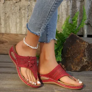 Flip Flops for Women with Arch Support Orthopedic Sandals Comfortable Walking Thong Sandals 3D Hollow Flower Wedge Sandals for Women Casual Slippers Slip On Platform Sandals Dressy Summer Beach Shoes