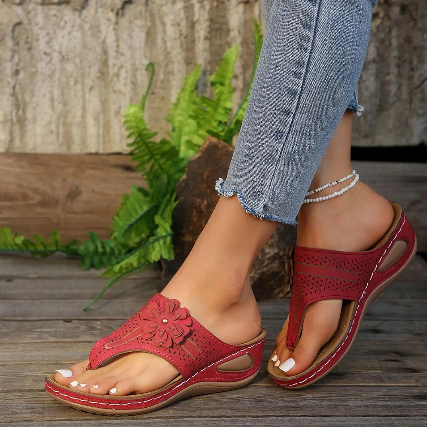 Flip Flops for Women with Arch Support Orthopedic Sandals Comfortable Walking Thong Sandals 3D Hollow Flower Wedge Sandals for Women Casual Slippers Slip On Platform Sandals Dressy Summer Beach Shoes