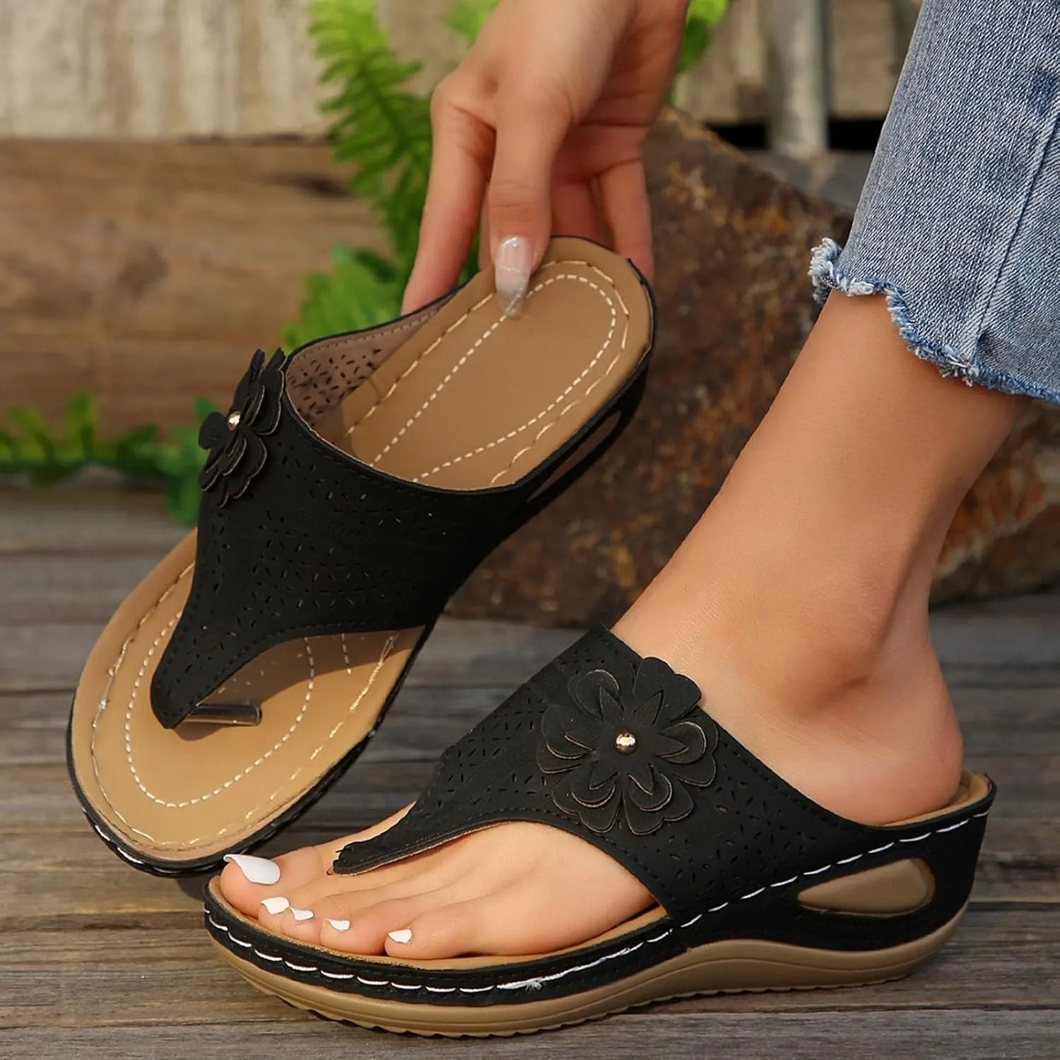Flip Flops for Women with Arch Support Orthopedic Sandals Comfortable Walking Thong Sandals 3D Hollow Flower Wedge Sandals for Women Casual Slippers Slip On Platform Sandals Dressy Summer Beach Shoes