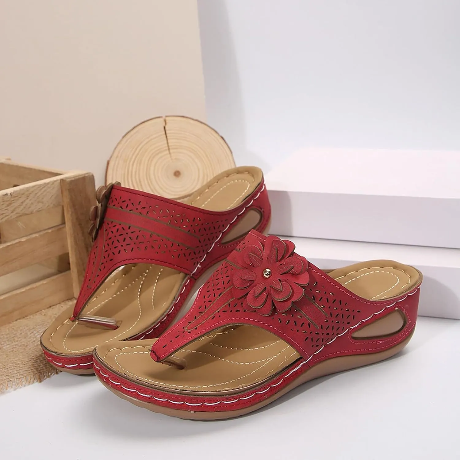 Flip Flops for Women with Arch Support Orthopedic Sandals Comfortable Walking Thong Sandals 3D Hollow Flower Wedge Sandals for Women Casual Slippers Slip On Platform Sandals Dressy Summer Beach Shoes