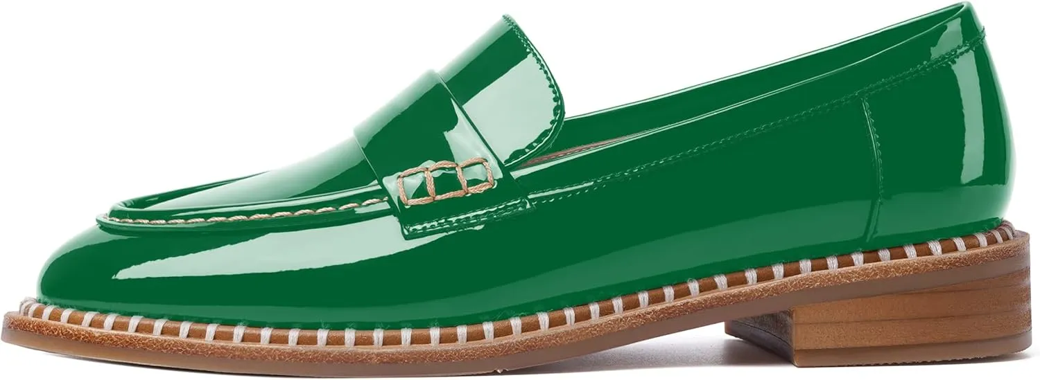 FOGEENA Womens Slip On Penny Fashion Casual Round Toe Patent Leather Chunky Low Heel Loafers Dress Shoes 1 Inch