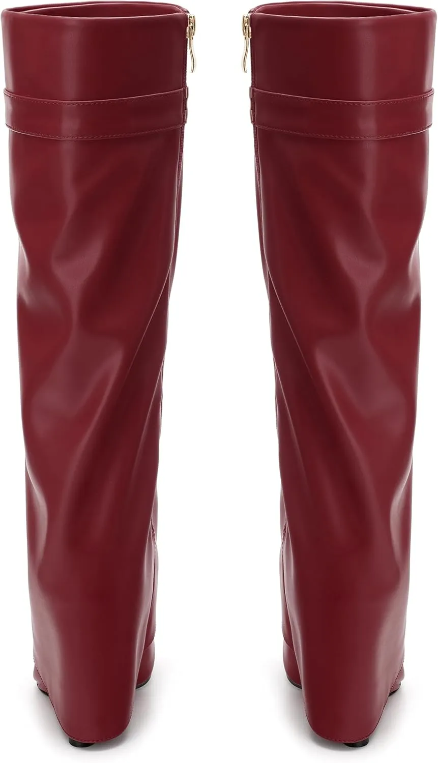 Fold Over Wedge Boots for Women Knee High Zipper Round Toe Tall Boots Wide Calf High Heel Long Boots
