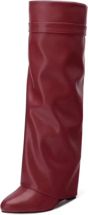 Fold Over Wedge Boots for Women Knee High Zipper Round Toe Tall Boots Wide Calf High Heel Long Boots