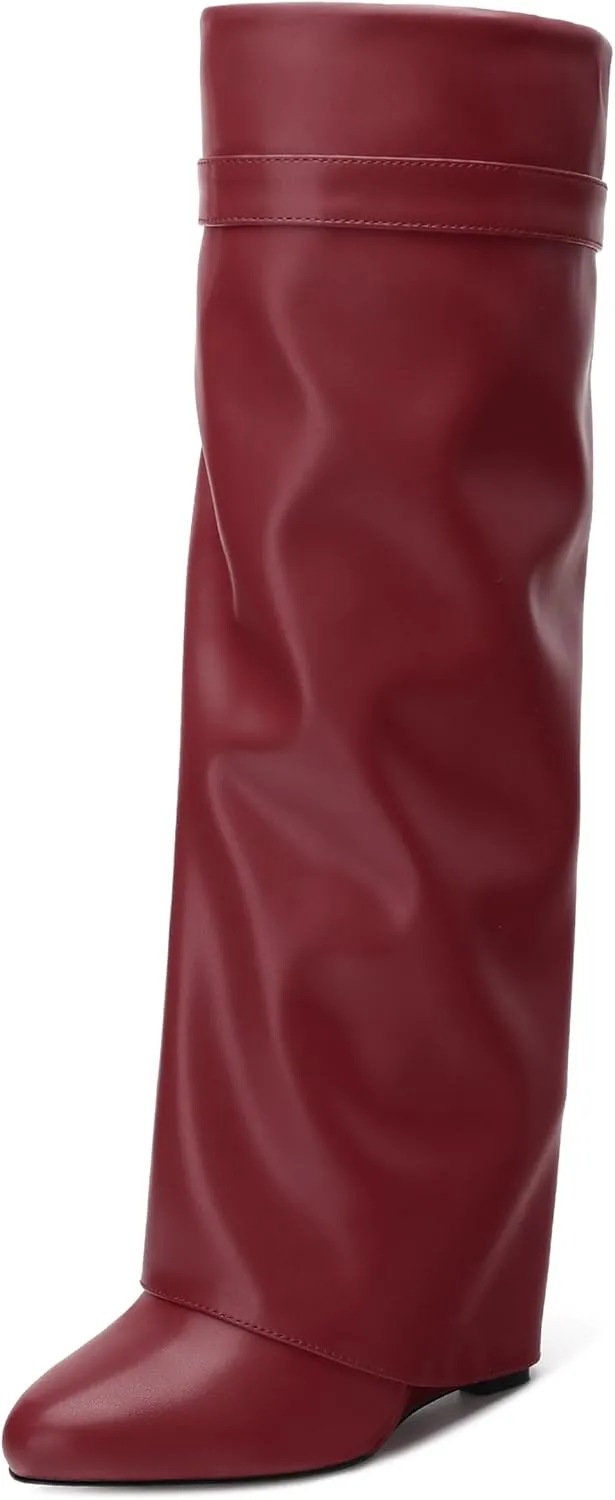 Fold Over Wedge Boots for Women Knee High Zipper Round Toe Tall Boots Wide Calf High Heel Long Boots