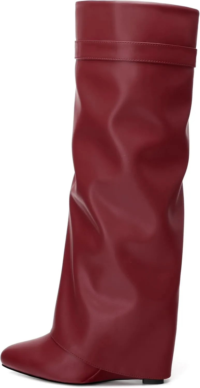 Fold Over Wedge Boots for Women Knee High Zipper Round Toe Tall Boots Wide Calf High Heel Long Boots