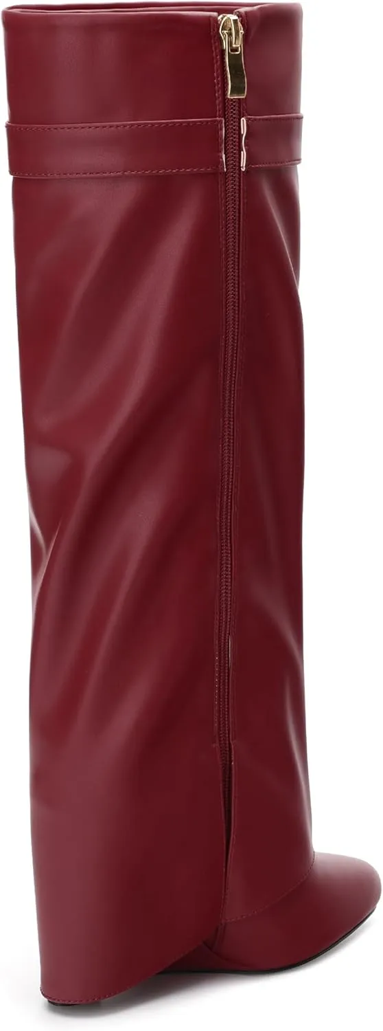 Fold Over Wedge Boots for Women Knee High Zipper Round Toe Tall Boots Wide Calf High Heel Long Boots