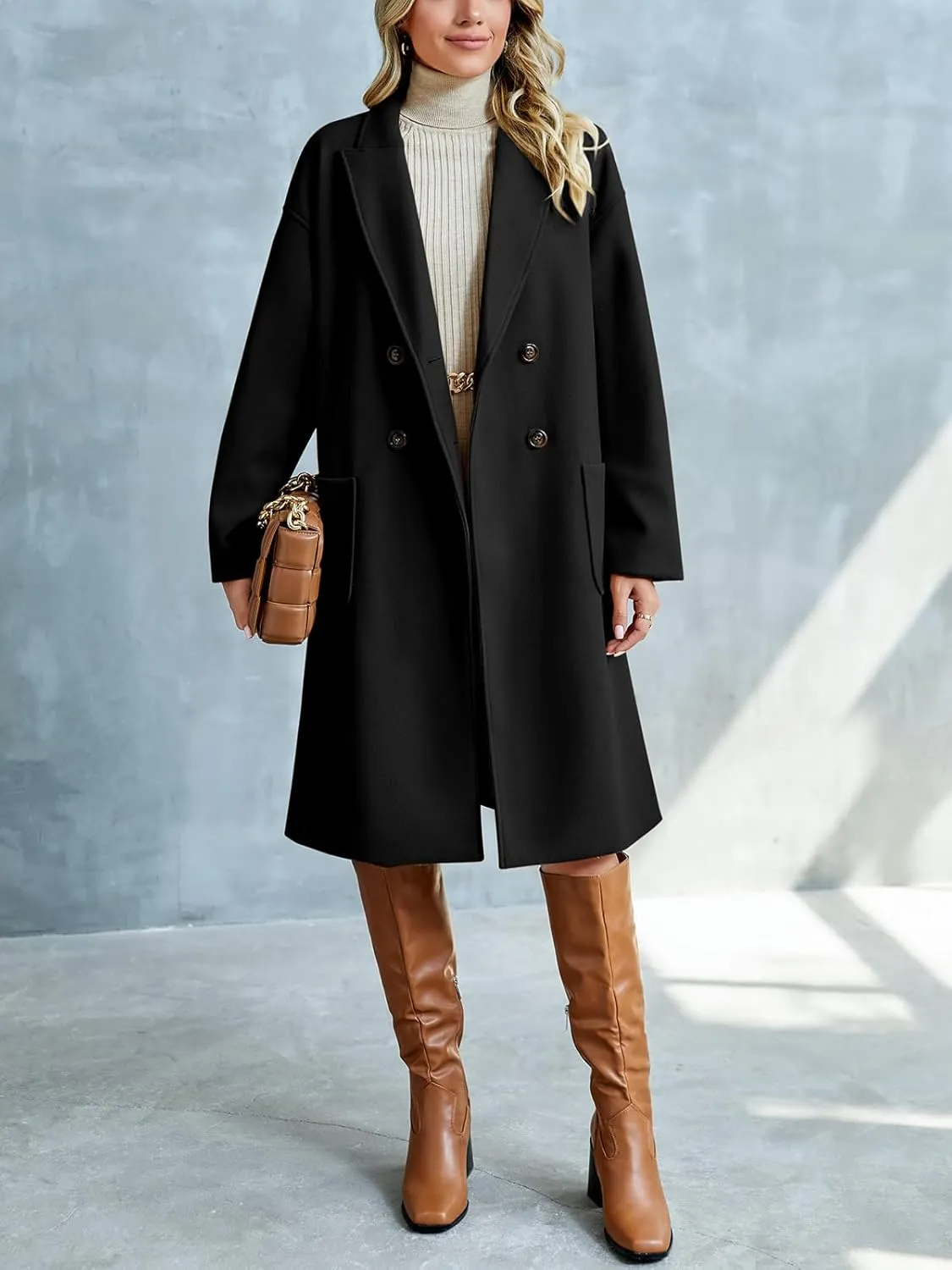 FSHAOES Womens Lapel Peacoat Winter Double-Breasted Outerwear Mid Long Jacket Casual Trench Coat