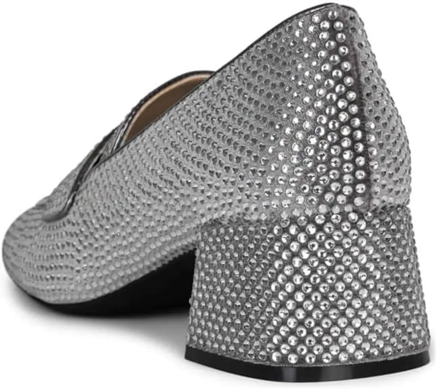 FSJ Women Classic Chunky Block Heel Pumps Round Closed Toe Rhinestone Loafers Slip On Mid Heel Ladies Girls Formal Business Wedding Shoes Size 4-15 US