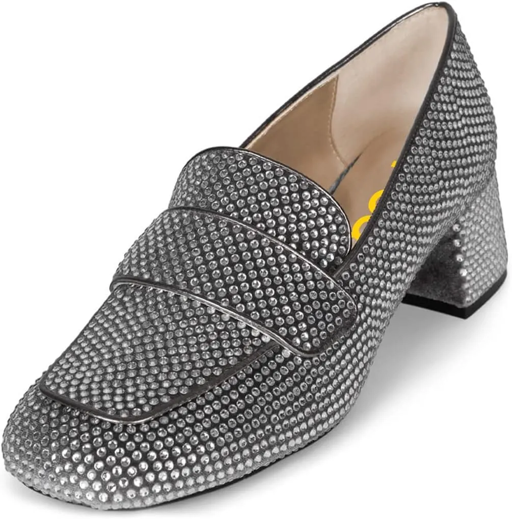 FSJ Women Classic Chunky Block Heel Pumps Round Closed Toe Rhinestone Loafers Slip On Mid Heel Ladies Girls Formal Business Wedding Shoes Size 4-15 US