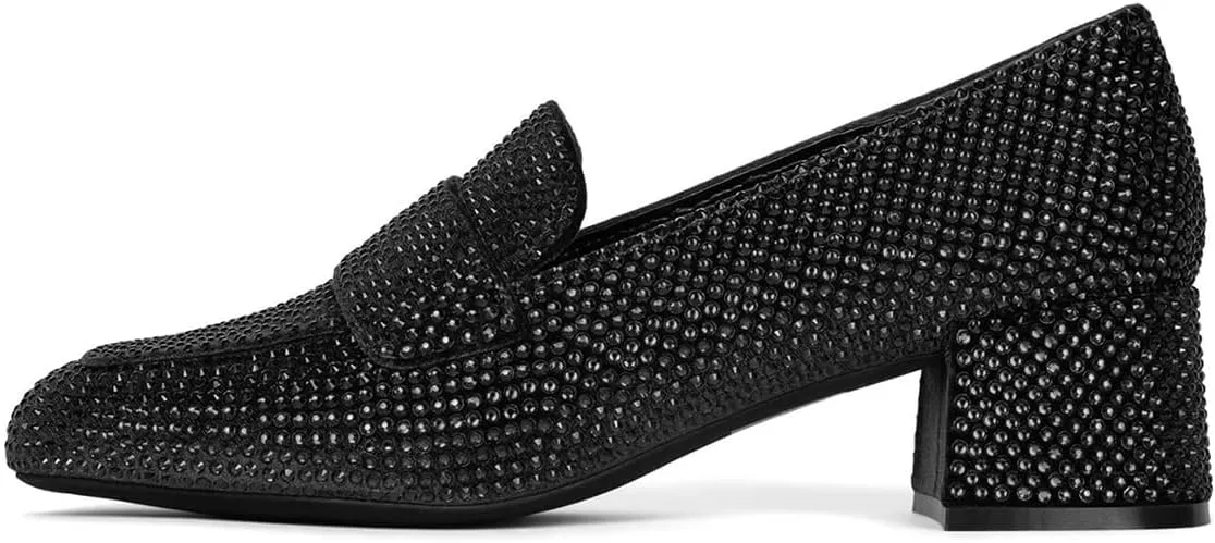 FSJ Women Classic Chunky Block Heel Pumps Round Closed Toe Rhinestone Loafers Slip On Mid Heel Ladies Girls Formal Business Wedding Shoes Size 4-15 US