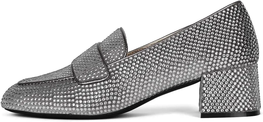 FSJ Women Classic Chunky Block Heel Pumps Round Closed Toe Rhinestone Loafers Slip On Mid Heel Ladies Girls Formal Business Wedding Shoes Size 4-15 US