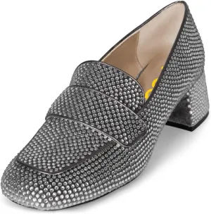 FSJ Women Classic Chunky Block Heel Pumps Round Closed Toe Rhinestone Loafers Slip On Mid Heel Ladies Girls Formal Business Wedding Shoes Size 4-15 US