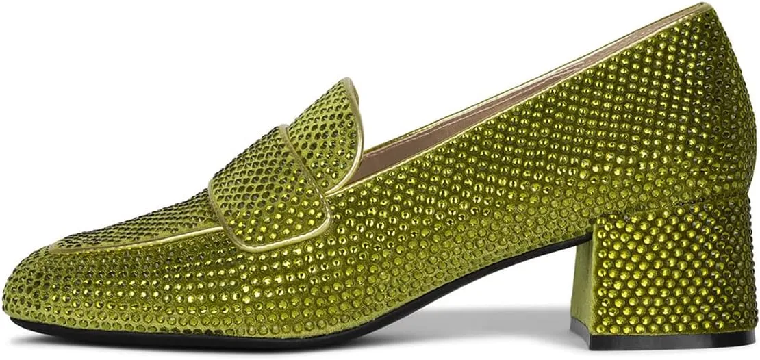 FSJ Women Classic Chunky Block Heel Pumps Round Closed Toe Rhinestone Loafers Slip On Mid Heel Ladies Girls Formal Business Wedding Shoes Size 4-15 US