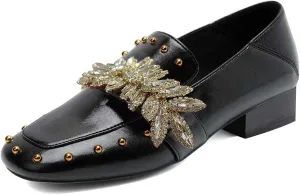 FSJ Women Dressy Shiny Crystal Decoration Loafers Square Toe Block Low Heel Slip On Studded Daily Casual Office Walking Shoes Size 4-15 US