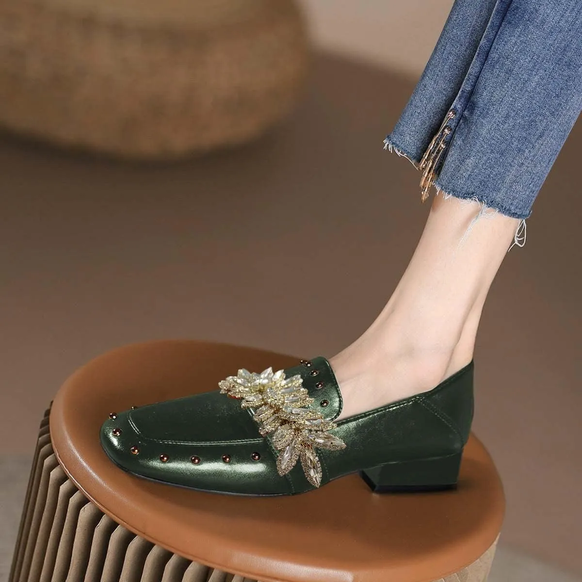 FSJ Women Dressy Shiny Crystal Decoration Loafers Square Toe Block Low Heel Slip On Studded Daily Casual Office Walking Shoes Size 4-15 US