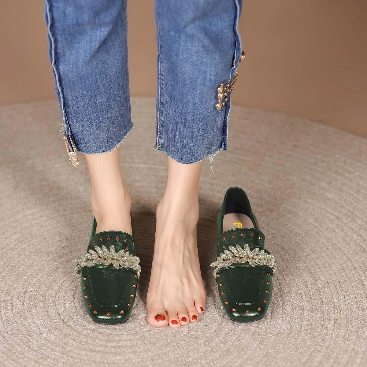 FSJ Women Dressy Shiny Crystal Decoration Loafers Square Toe Block Low Heel Slip On Studded Daily Casual Office Walking Shoes Size 4-15 US