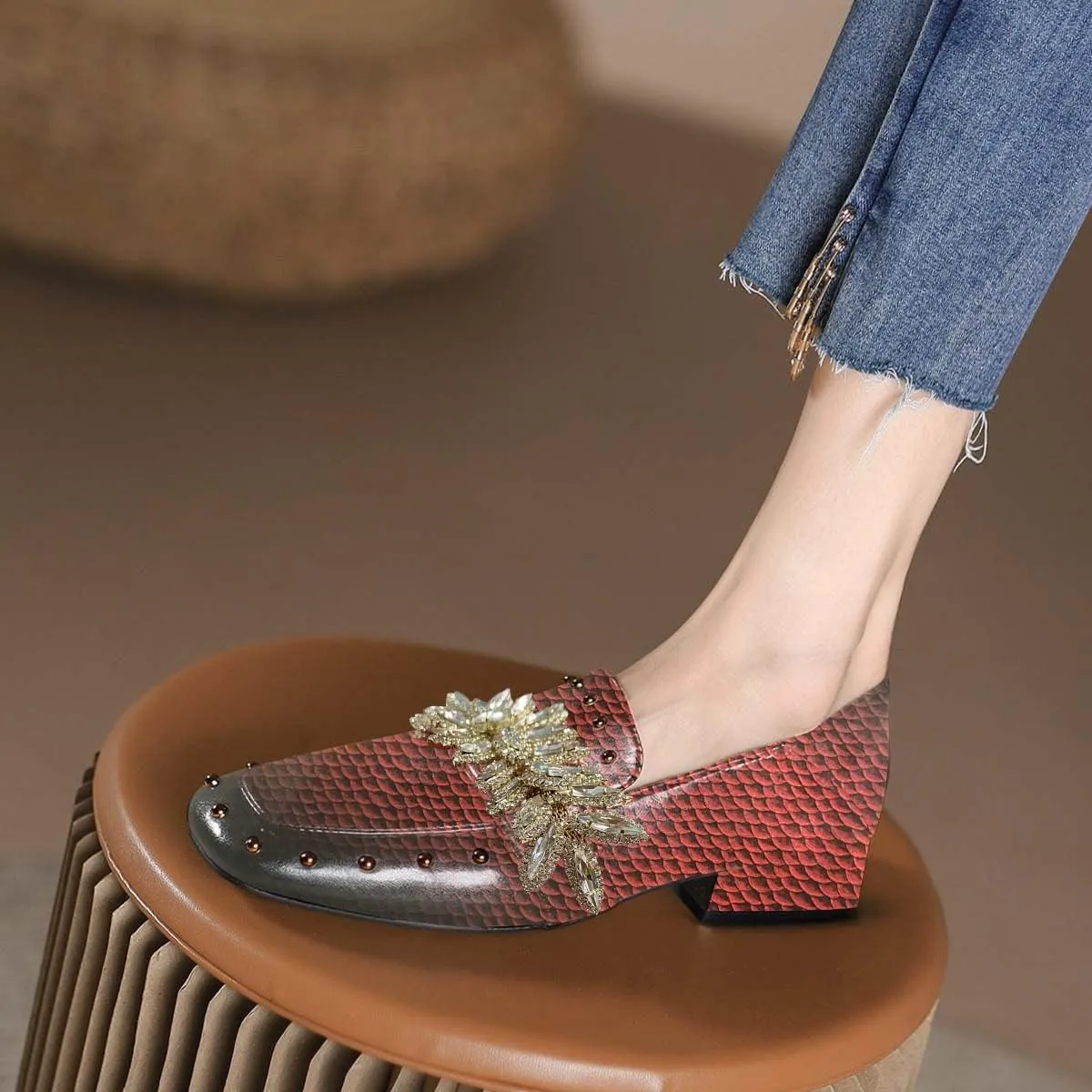FSJ Women Dressy Shiny Crystal Decoration Loafers Square Toe Block Low Heel Slip On Studded Daily Casual Office Walking Shoes Size 4-15 US