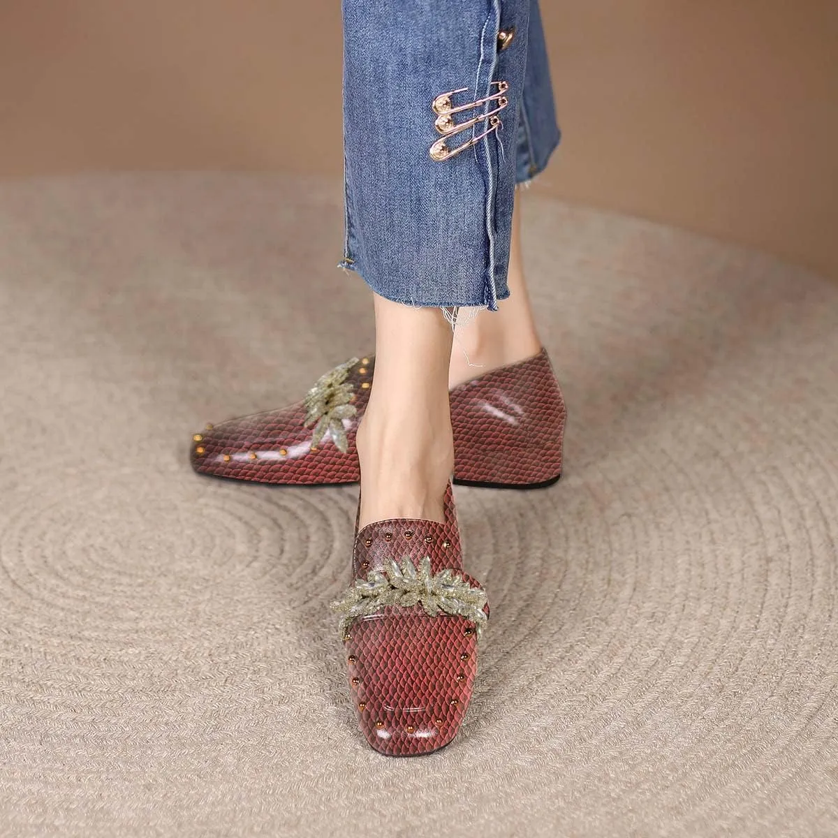 FSJ Women Dressy Shiny Crystal Decoration Loafers Square Toe Block Low Heel Slip On Studded Daily Casual Office Walking Shoes Size 4-15 US