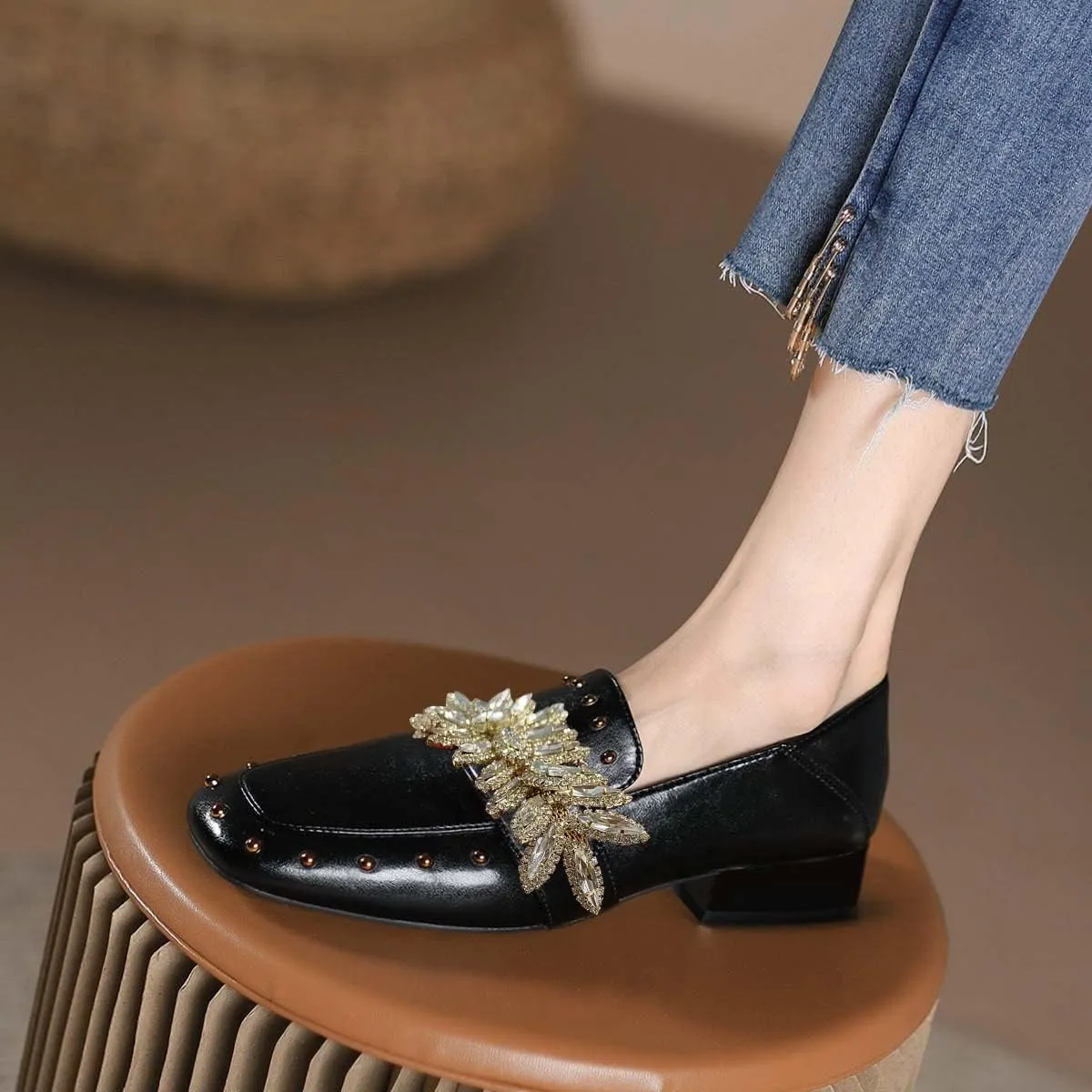 FSJ Women Dressy Shiny Crystal Decoration Loafers Square Toe Block Low Heel Slip On Studded Daily Casual Office Walking Shoes Size 4-15 US