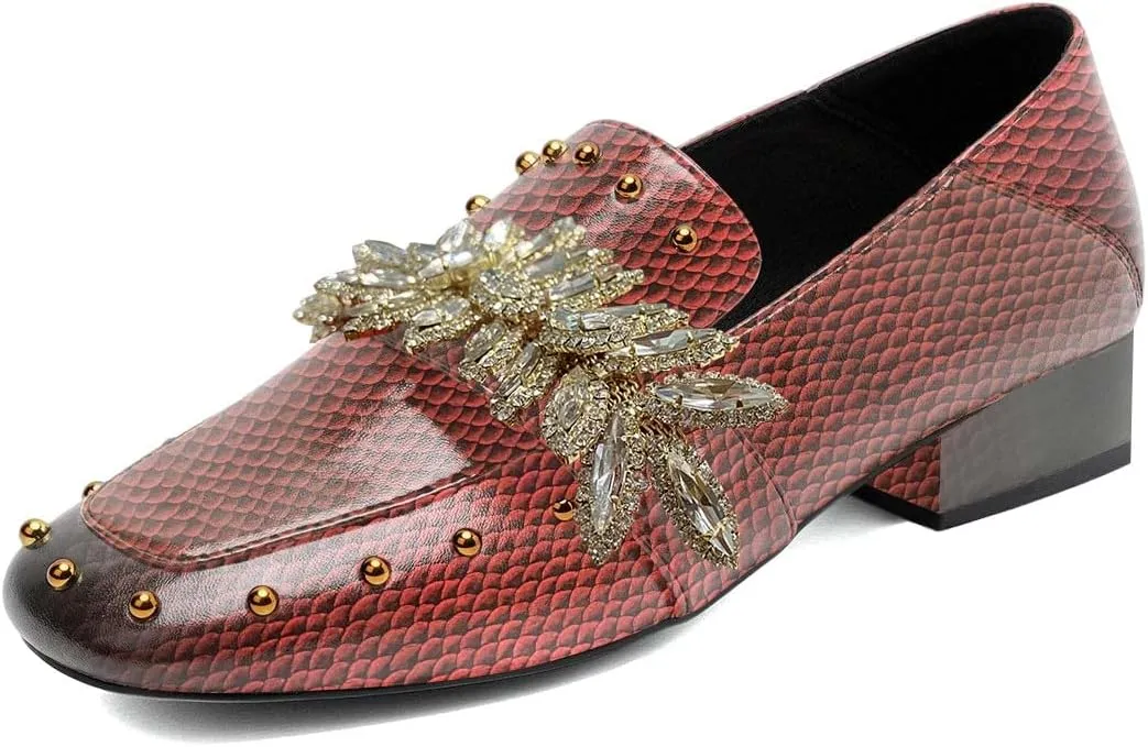 FSJ Women Dressy Shiny Crystal Decoration Loafers Square Toe Block Low Heel Slip On Studded Daily Casual Office Walking Shoes Size 4-15 US