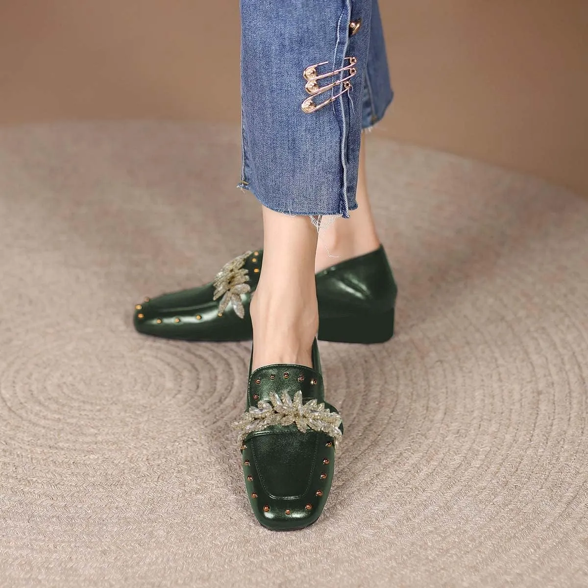 FSJ Women Dressy Shiny Crystal Decoration Loafers Square Toe Block Low Heel Slip On Studded Daily Casual Office Walking Shoes Size 4-15 US