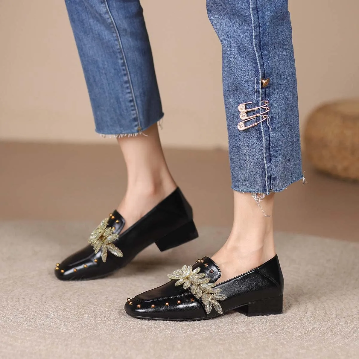 FSJ Women Dressy Shiny Crystal Decoration Loafers Square Toe Block Low Heel Slip On Studded Daily Casual Office Walking Shoes Size 4-15 US