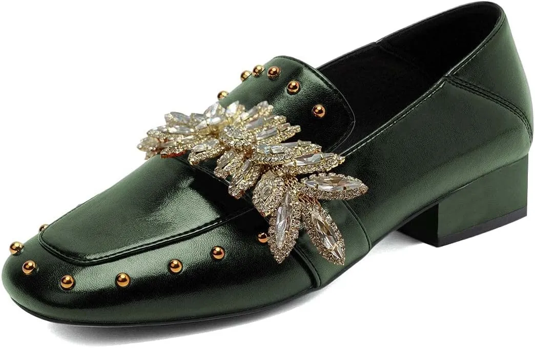 FSJ Women Dressy Shiny Crystal Decoration Loafers Square Toe Block Low Heel Slip On Studded Daily Casual Office Walking Shoes Size 4-15 US