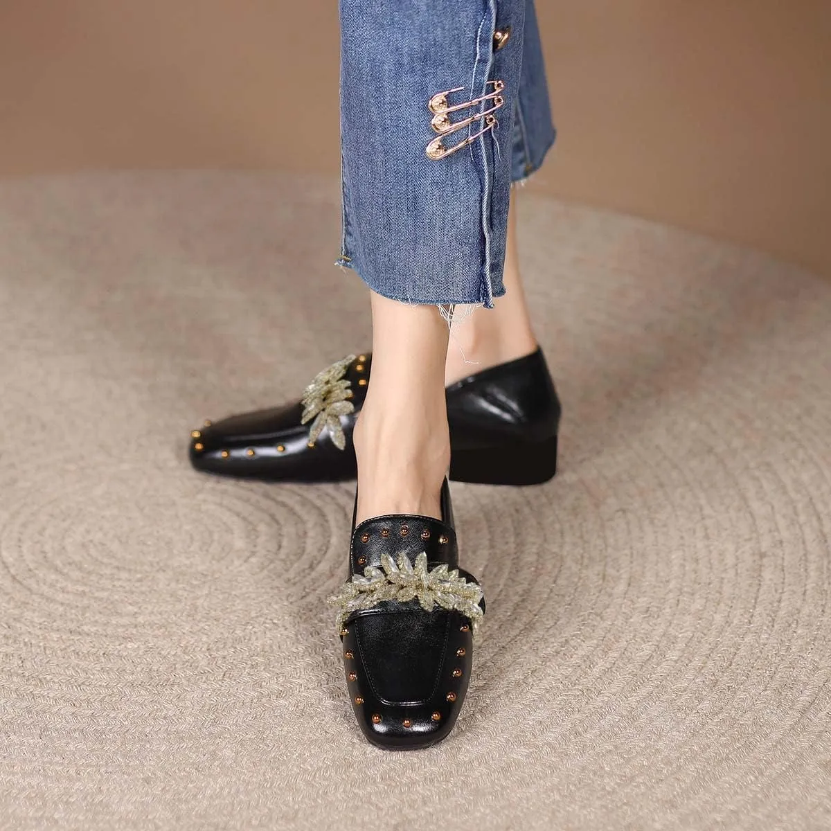 FSJ Women Dressy Shiny Crystal Decoration Loafers Square Toe Block Low Heel Slip On Studded Daily Casual Office Walking Shoes Size 4-15 US