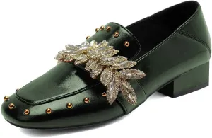 FSJ Women Dressy Shiny Crystal Decoration Loafers Square Toe Block Low Heel Slip On Studded Daily Casual Office Walking Shoes Size 4-15 US