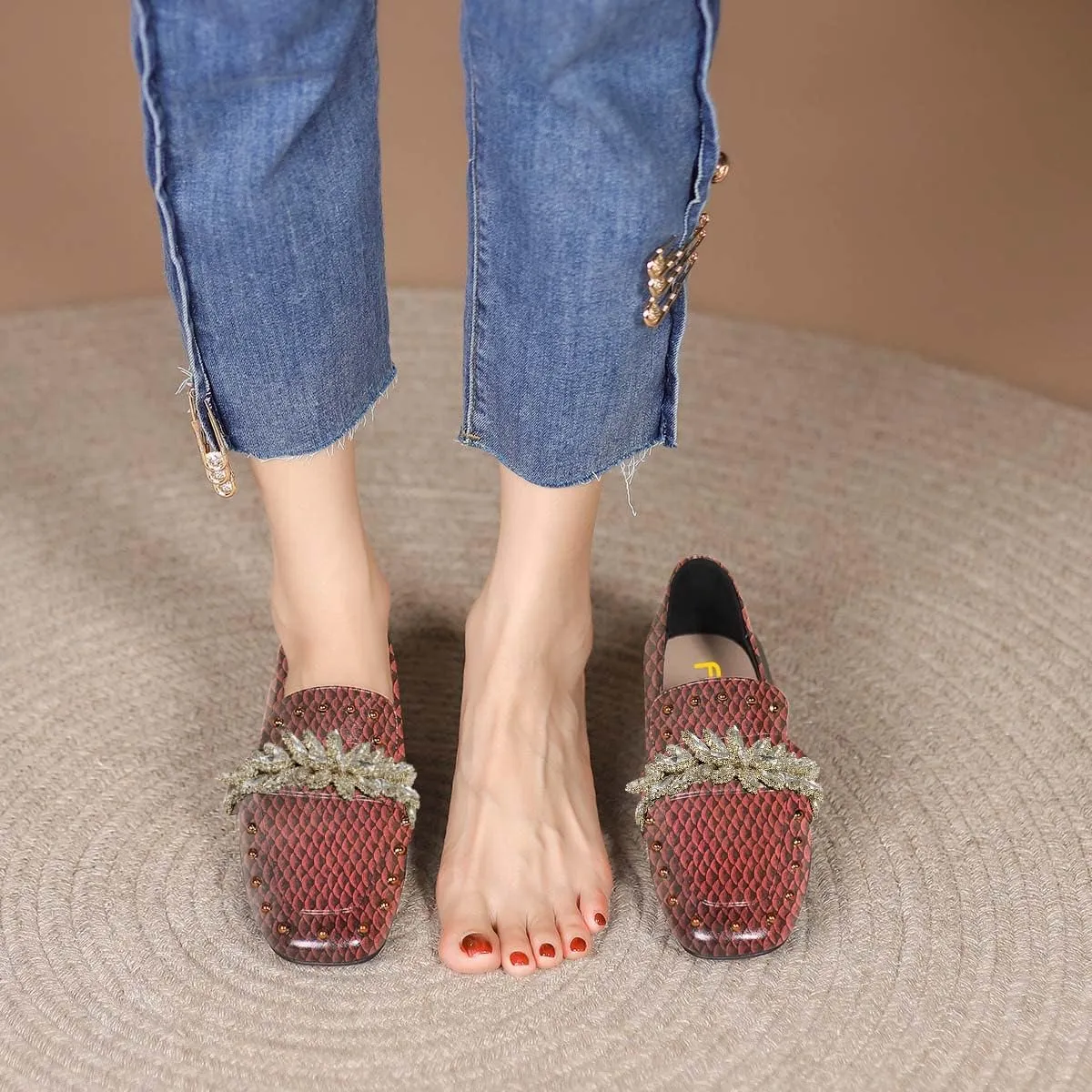 FSJ Women Dressy Shiny Crystal Decoration Loafers Square Toe Block Low Heel Slip On Studded Daily Casual Office Walking Shoes Size 4-15 US