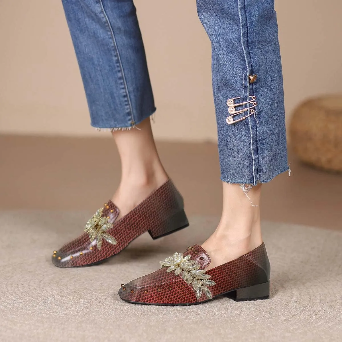 FSJ Women Dressy Shiny Crystal Decoration Loafers Square Toe Block Low Heel Slip On Studded Daily Casual Office Walking Shoes Size 4-15 US