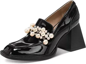 FSJ Women Glossy Square Toe Pearls Loafers Block High Heel Slip On Casual Walking Daily Office Pump Shoes Size 4-15 US