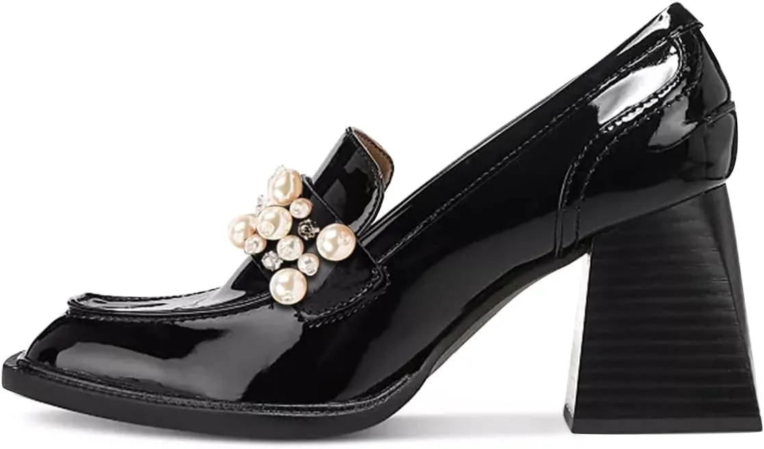 FSJ Women Glossy Square Toe Pearls Loafers Block High Heel Slip On Casual Walking Daily Office Pump Shoes Size 4-15 US