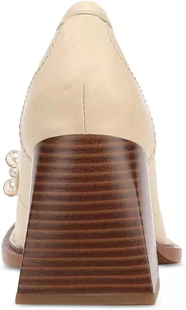 FSJ Women Glossy Square Toe Pearls Loafers Block High Heel Slip On Casual Walking Daily Office Pump Shoes Size 4-15 US