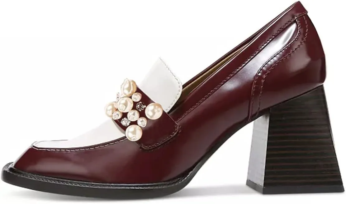 FSJ Women Glossy Square Toe Pearls Loafers Block High Heel Slip On Casual Walking Daily Office Pump Shoes Size 4-15 US
