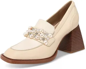 FSJ Women Glossy Square Toe Pearls Loafers Block High Heel Slip On Casual Walking Daily Office Pump Shoes Size 4-15 US