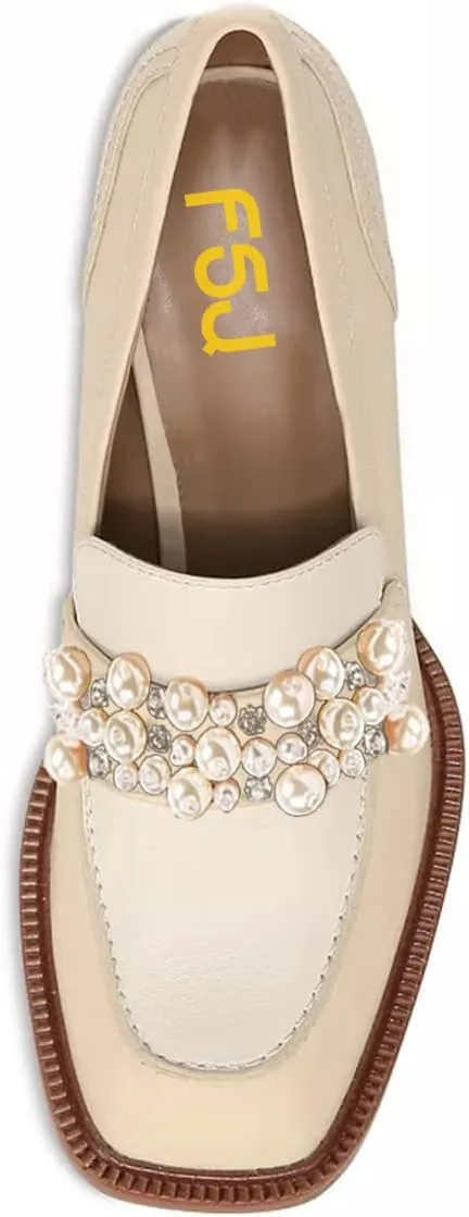 FSJ Women Glossy Square Toe Pearls Loafers Block High Heel Slip On Casual Walking Daily Office Pump Shoes Size 4-15 US