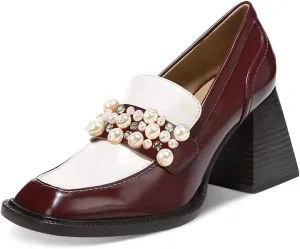 FSJ Women Glossy Square Toe Pearls Loafers Block High Heel Slip On Casual Walking Daily Office Pump Shoes Size 4-15 US