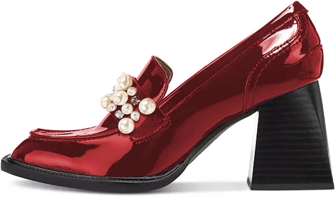 FSJ Women Glossy Square Toe Pearls Loafers Block High Heel Slip On Casual Walking Daily Office Pump Shoes Size 4-15 US