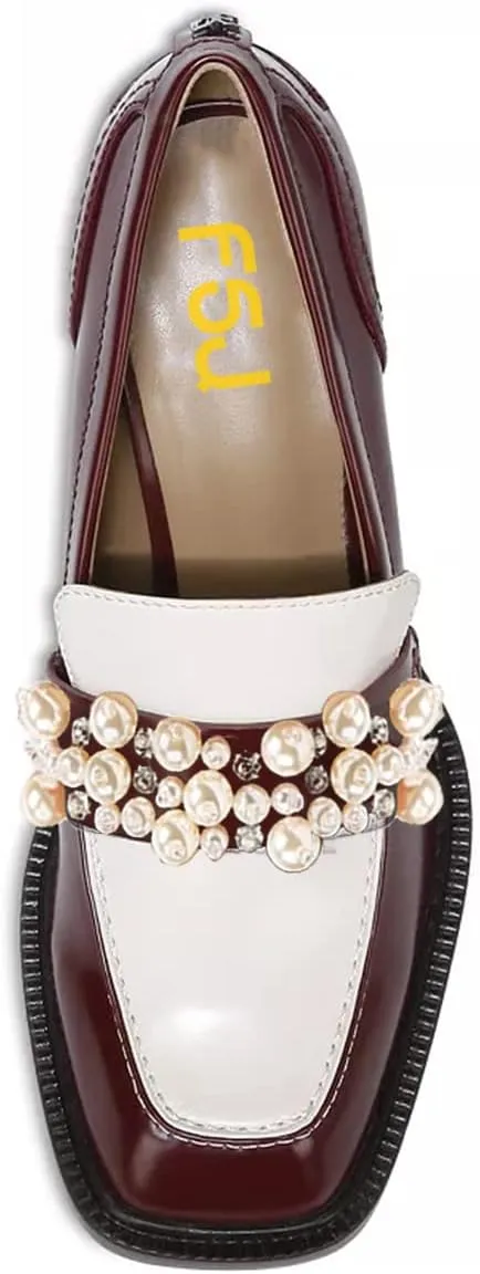 FSJ Women Glossy Square Toe Pearls Loafers Block High Heel Slip On Casual Walking Daily Office Pump Shoes Size 4-15 US