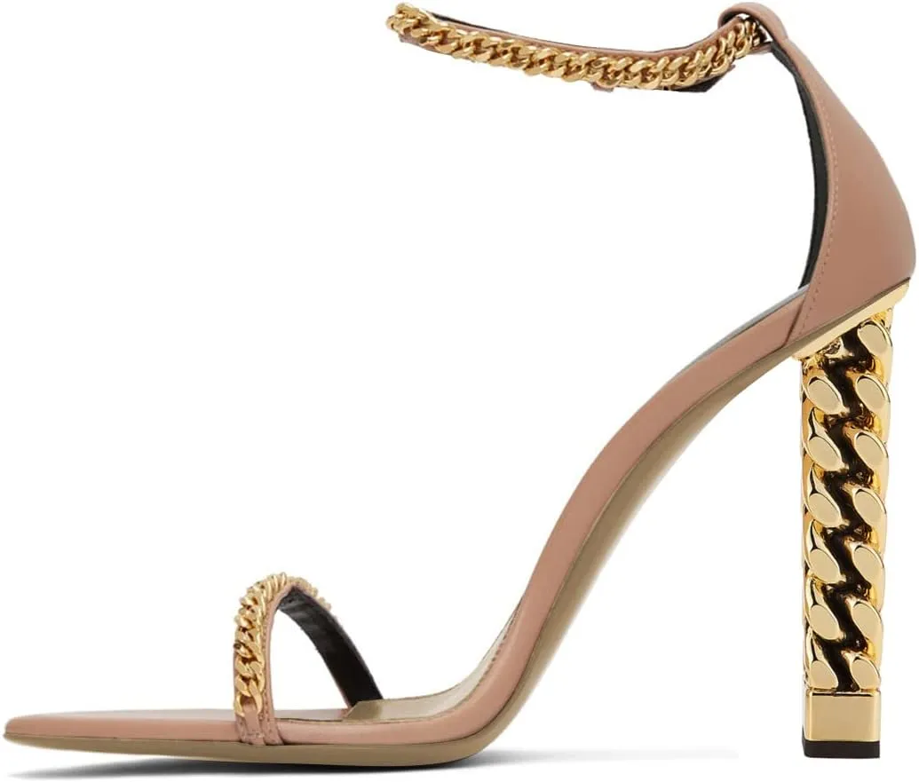 FYS Women Open Toe Ankle Strap Sandals Gold Metal Chain Chunky High Heels with Buckle Dress Party Pumps Shoes Size 4-15 US