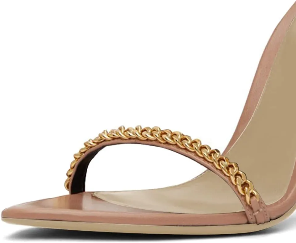 FYS Women Open Toe Ankle Strap Sandals Gold Metal Chain Chunky High Heels with Buckle Dress Party Pumps Shoes Size 4-15 US