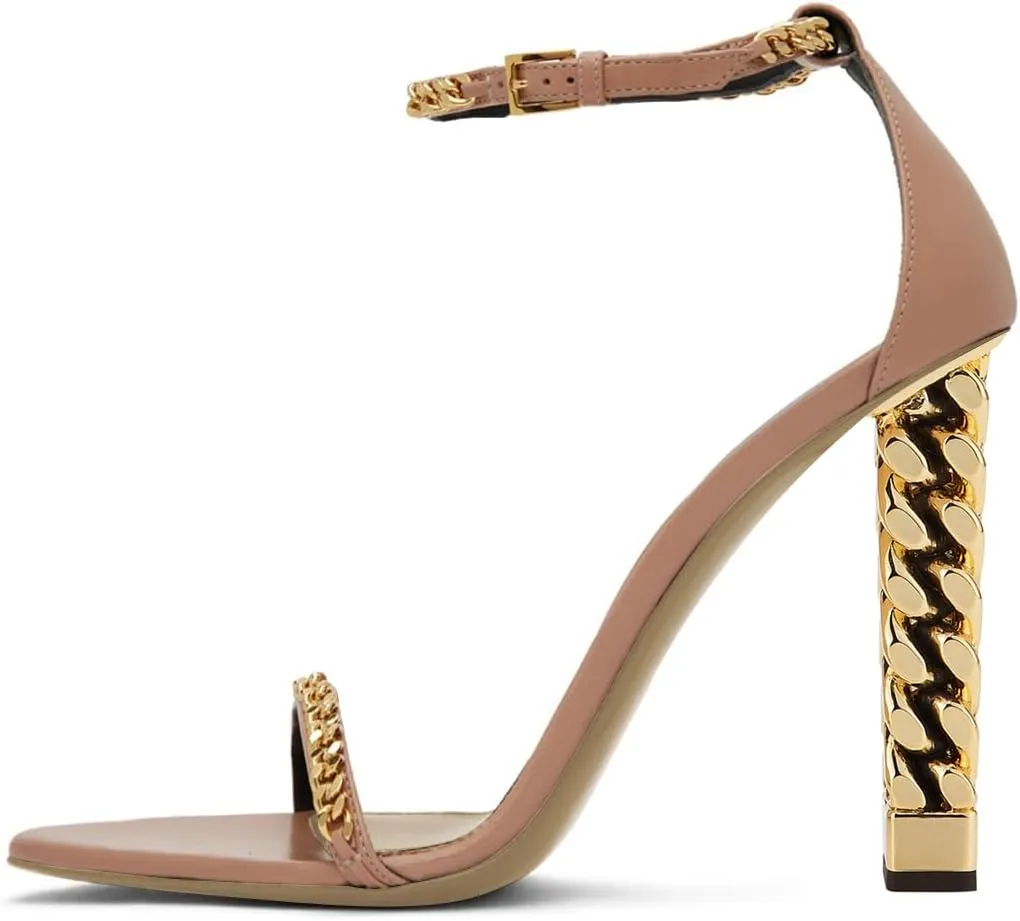 FYS Women Open Toe Ankle Strap Sandals Gold Metal Chain Chunky High Heels with Buckle Dress Party Pumps Shoes Size 4-15 US