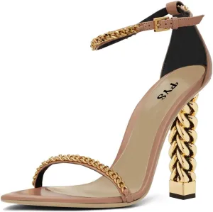 FYS Women Open Toe Ankle Strap Sandals Gold Metal Chain Chunky High Heels with Buckle Dress Party Pumps Shoes Size 4-15 US