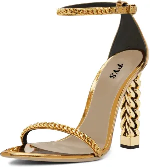 FYS Women Open Toe Ankle Strap Sandals Gold Metal Chain Chunky High Heels with Buckle Dress Party Pumps Shoes Size 4-15 US